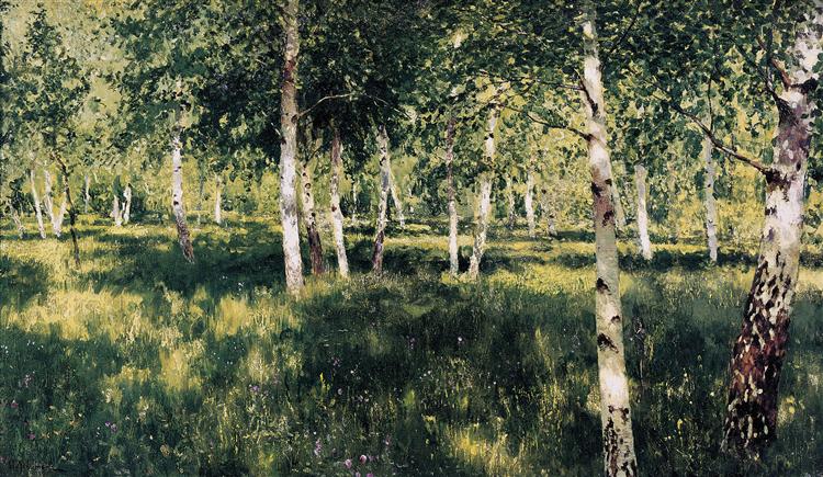 Isaac Levitan's painting Birch Grove showing a sun-dappled forest